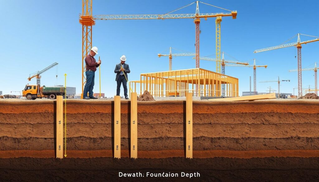 A detailed architectural illustration showcasing the depth of foundation excavation at a construction site. In the foreground, a well-defined trench reveals various layers of soil, with precise measurements marked on wooden stakes. In the middle ground, construction workers in professional attire examine the depth with measuring tools, ensuring adherence to building regulations. The background features a structured site with cranes and partially constructed frameworks under a clear blue sky, suggesting a busy yet orderly environment. The lighting is bright and crisp, lending clarity to the details of the soil layers. The overall mood is focused and industrious, emphasizing the importance of proper foundation depth in construction practices.