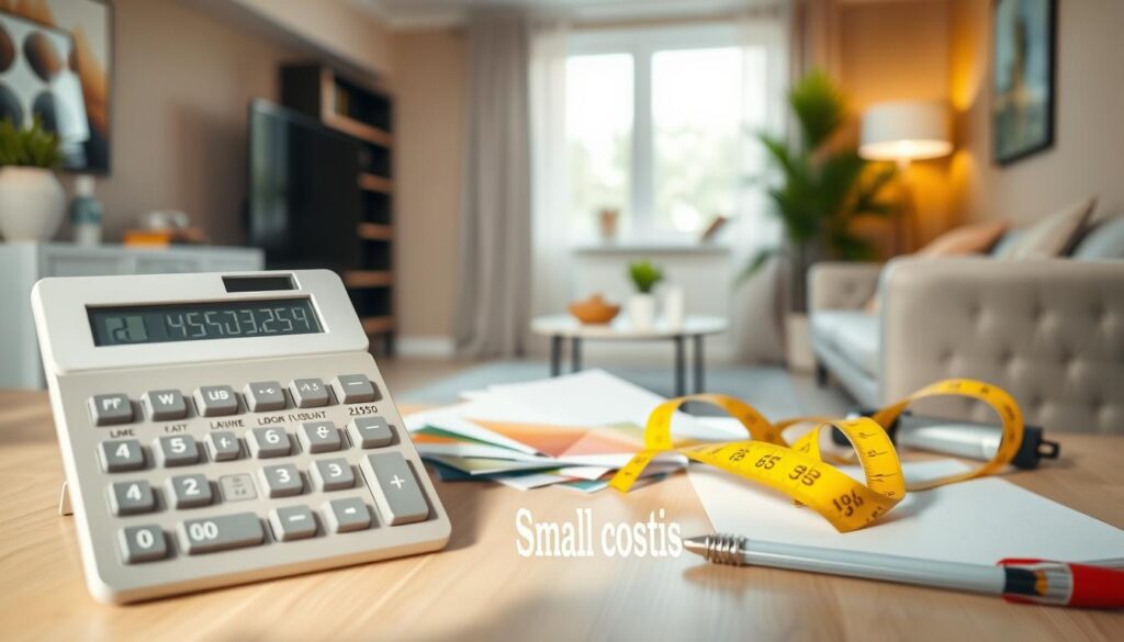 A detailed calculator for renovation costs displayed prominently in a modern, stylish interior setting of a small studio apartment. In the foreground, the calculator features a sleek design with a digital screen showing numbers related to labor costs for the renovation. In the middle ground, various renovation tools like a tape measure, paint samples, and a notepad are artistically scattered, hinting at planning and project management. In the background, the cozy studio space showcases freshly painted walls and new furniture, with warm, natural lighting streaming through a window to create an inviting atmosphere. The overall mood is professional yet approachable, suggesting careful budgeting and thoughtful renovation decisions.