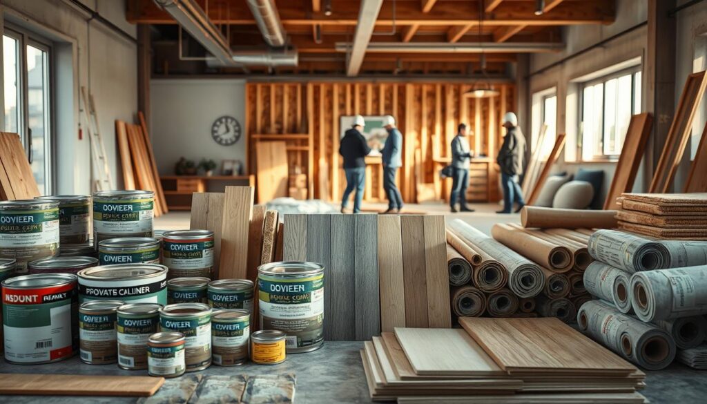 A detailed construction materials scene showcasing various building supplies essential for a small apartment renovation in 2025. In the foreground, a neatly arranged display of materials like paint cans, tiles, wooden planks, and insulation rolls, each clearly labeled with modern design aesthetics. The middle ground features a partially renovated studio apartment with warm lighting, highlighting a blend of modern and rustic styles. The background includes a construction site with workers in professional attire discussing plans. Soft, natural daylight filters through large windows, creating a bright and inviting atmosphere. The mood is focused and industrious, conveying the importance of selecting quality materials for cost-effective renovations.