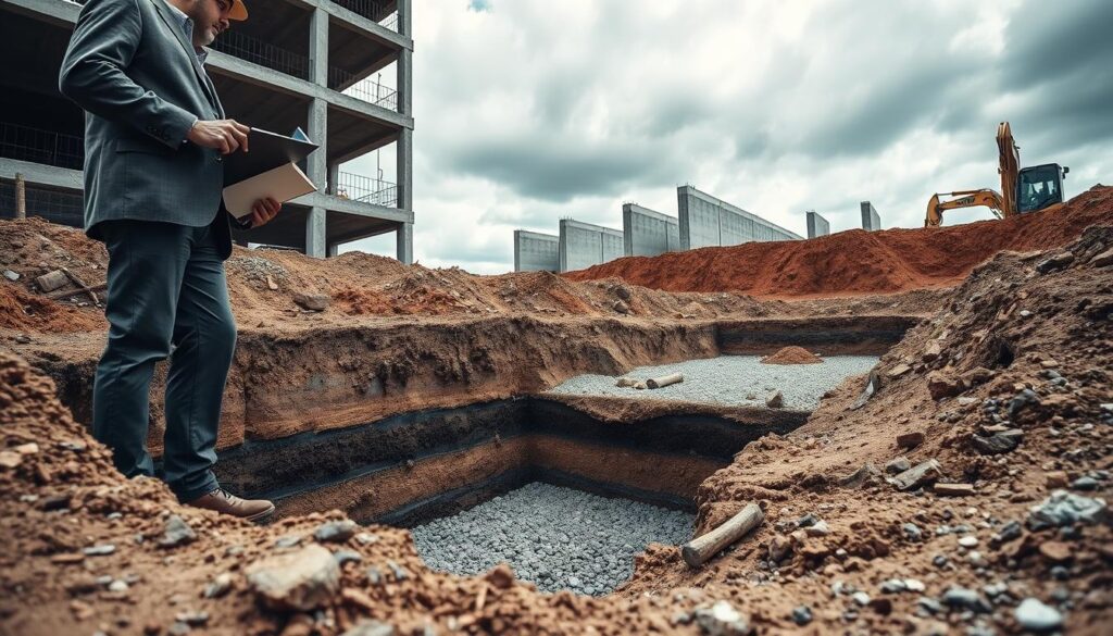 A detailed construction site featuring the foundations of a building under excavation. In the foreground, a large trench reveals the depth of the foundation, showcasing layers of soil and gravel. To the left, a construction worker in professional attire examines the site with a clipboard, emphasizing scale. The middle ground includes construction machinery, such as an excavator, actively removing earth. The background features partially constructed walls rising above ground, framed by a cloudy sky, capturing an overcast, moody atmosphere. The lighting is soft yet dramatic, highlighting the textures of the soil and concrete. Use a wide-angle lens perspective to encapsulate the depth and scale of the excavation site, reinforcing the theme of foundation depth standards in construction.