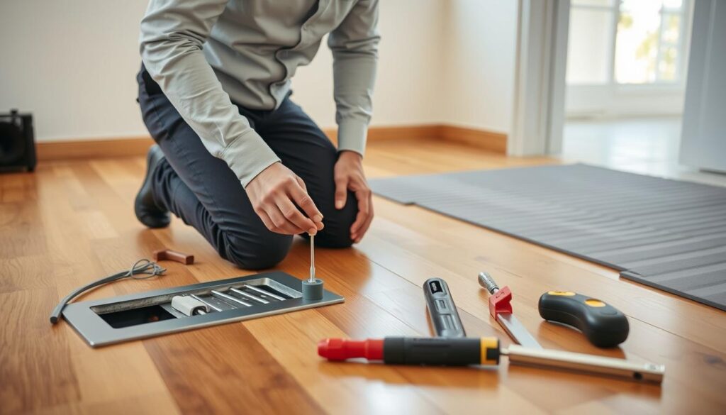 A detailed, instructional scene showing the installation of a temperature sensor for underfloor heating. In the foreground, a skilled technician, dressed in smart casual attire, is kneeling on a warm wooden floor, carefully positioning a sleek, modern temperature sensor near an exposed heating coil. The middle ground features an array of neatly arranged tools, including a screwdriver and measuring tape, emphasizing the methodical process. The background showcases a well-lit room with a partially tiled floor, accentuating the underfloor heating system's layout. Soft, natural light filters in through a window, creating a warm and focused atmosphere that suggests a professional home improvement environment.