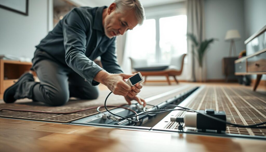 A skilled technician carefully installs an electric underfloor temperature sensor in a modern home environment. In the foreground, focus on the technician, a middle-aged person wearing a professional outfit, kneeling beside the opened floor section, holding the sensor with precision. In the middle ground, display the exposed underfloor heating system, showcasing wires and the sensor's connection points. In the background, a well-lit, contemporary room with wooden flooring and elegant interior design. Soft, natural light streams in through a nearby window, casting gentle shadows. Capture the atmosphere of professionalism and attention to detail, emphasizing the step-by-step installation process with a clear focus on the task at hand. Use a realistic lens effect to highlight the depth of field, ensuring the technician and sensor are in sharp focus.